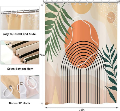 Boho Abstract Mid Century Shower Curtain Set - Geometric Leaves Neutral Modern - Green Plant Eucalyptus - Arch Sun Bathroom Curtain - 72x72 Inch