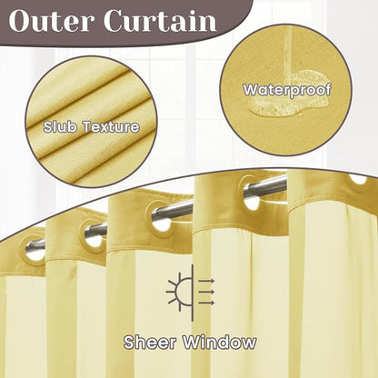 SORTTO No Hook Slub Shower Curtain with Liner, 71x74, Yellow | Snap in Liner, 3 in 1, Bamboo Texture, Hotel Style, Waterproof Fabric, Mesh Top Window, Corner Magnets, Machine Washable