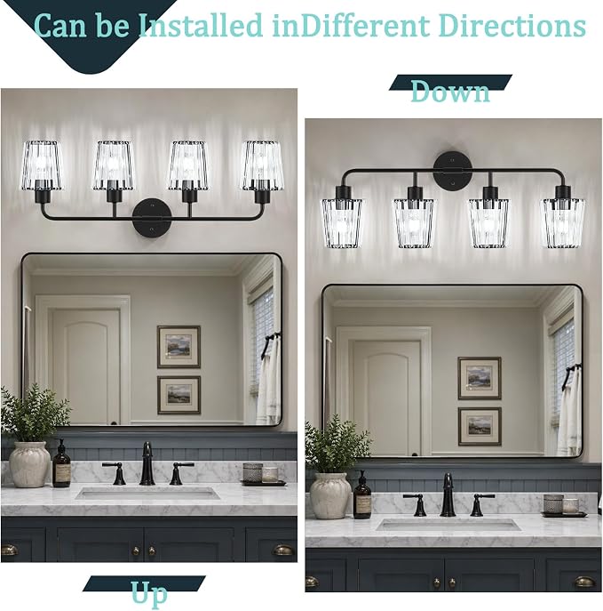 Black Vanity Lights, 4-Light Crystal Bathroom Light Fixtures | Modern Bathroom Vanity Light E26 Wall Light over Mirror (Exclude Bulb)