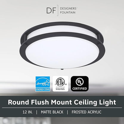 Designers Fountain Flush Mount Ceiling Light, 12 Inch Round LED DC Lighting Fixture Kitchen, Bedroom, Bathroom, and Hallway, Dimmable, 1200 Lumens, 3000K/4000K/5000K, Matte Black, EV1412C3C-43