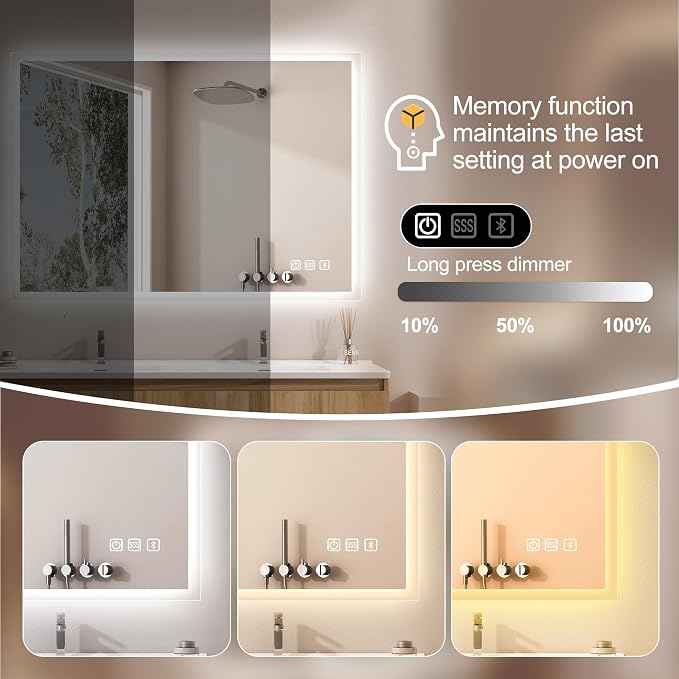 SBAGNO 36''x28'' LED Bathroom Mirror with Lights, Bluetooth Speaker | Stepless Dimmable, 3 Color Temperature, Anti-Fog, Tempered Glass, Touch Control, Lighted Smart Mirror for Bathroom