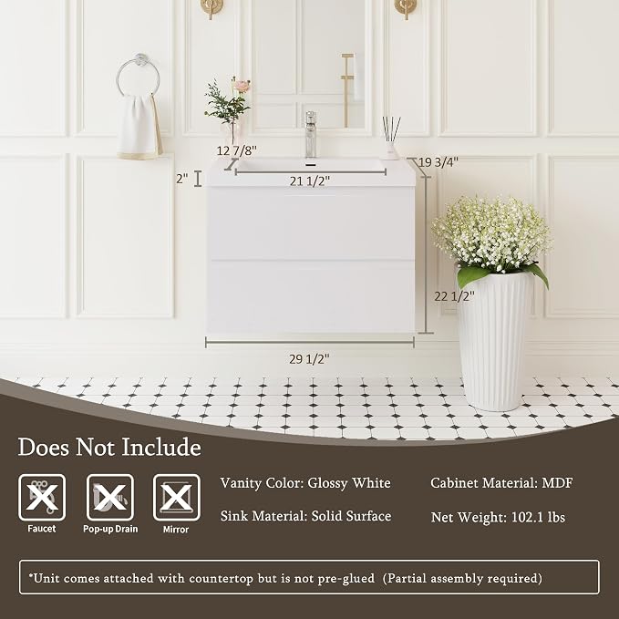 30 Inch Floating Bathroom Vanity with Sink, Large Storage Wall Mounted Floating Vanity with Soft Close Drawers, One-Piece Basin Bathroom Sink Cabinet (Glossy White, 30 Inch)