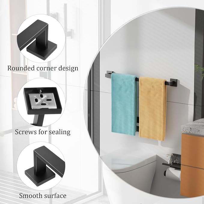 Alise Towel Bar Towel Racks for Bathroom Wall Mount 24 Inch,Matte Black | SUS304 Stainless Steel Bathroom Towel Holder, Full Square Towel Rod Towel Hanger for Bathroom Lavatory Kitchen