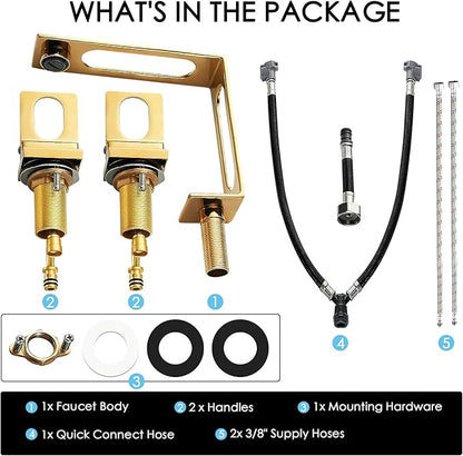 BAKALA Gold Bathroom Sink Faucet 3 Hole, 8-Inch Widespread Bathroom Faucet with 2 Water Supply Hoses, Hollowed Design