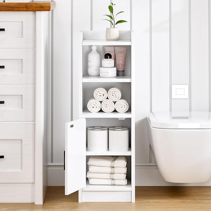 Narrow Bathroom Storage Cabinet with Door & Adjustable Shelf, 9.8" W Slim Storage Cabinet for Small Spaces, Skinny Toilet Paper Cabinet, 9.8" W × 7.9" D × 29.5" H, White