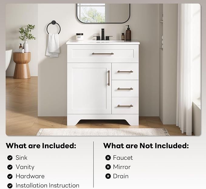 LIKIMIO 30" Bathroom Vanity with Sink, U-Shaped Drawer & 2 Drawers, 1 Door | Freestanding Bathroom Vanity, Integrated Ceramic Sink, Soft-Close Doors & Drawer, Modern Bathroom Cabinet, Assembly Required
