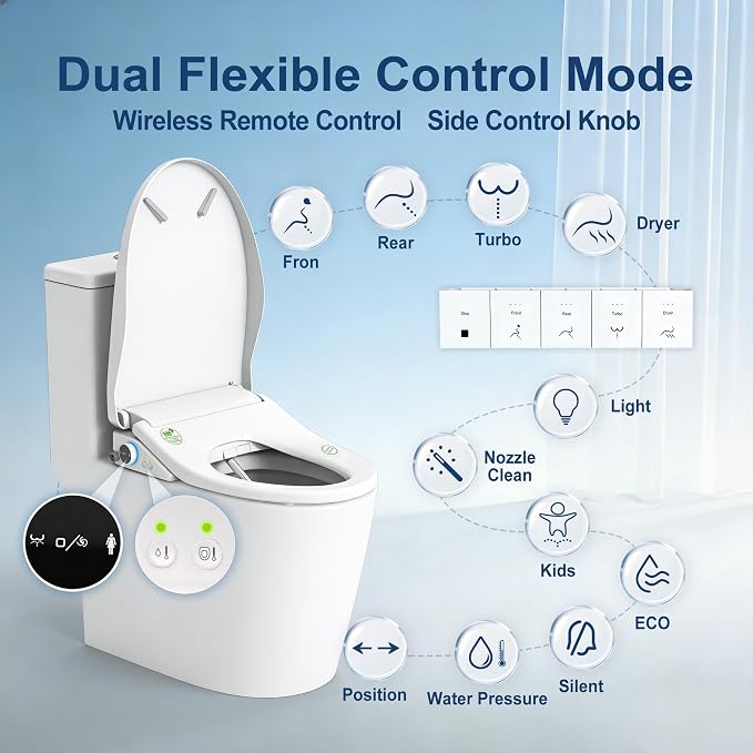 Electric Smart Bidet Toilet Seat with Remote Control, Elongated | Heated Seat, Instant Warm Water & Air Dryer, Advanced Safety Features, Stainless Steel Nozzle, Slow Close Lid,Cloud white