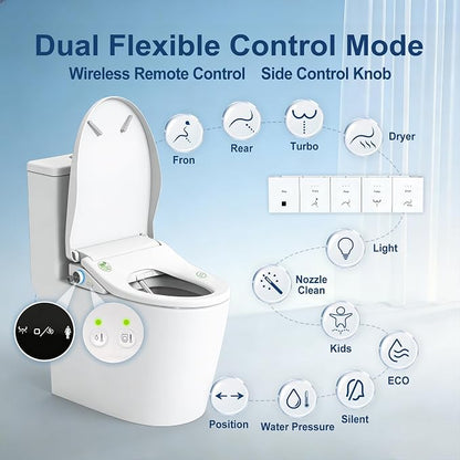 Electric Smart Bidet Toilet Seat with Remote Control, Elongated | Heated Seat, Instant Warm Water & Air Dryer, Advanced Safety Features, Stainless Steel Nozzle, Slow Close Lid,Cloud white