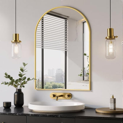 Arched Bathroom Mirror, Gold, 20"x30" | Wall Mounted, Vanity Mirror, For Bedroom, Living Room and Entryway