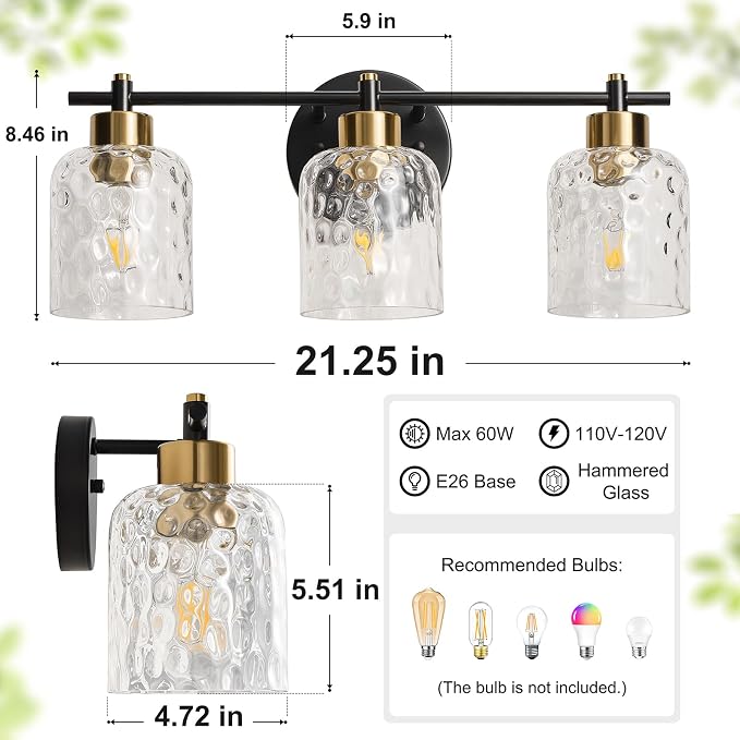 3 Light Black and Brass Bathroom Light Fixtures with Hammered Glass Mirror | 21.2" Black and Gold Farmhouse Vanity Light, Vanity Lighting Fixtures, Rustic Vanity Lights for Bathroom Lights for Makeup