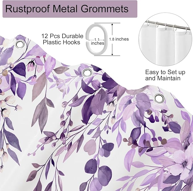 Purple Floral Eucalyptus Shower Curtain with Hooks, 72x84 Inch | Waterproof Fabric, Watercolor Leaves and Floral, Botanical Style, Machine Washable, Quick-Drying, for Hotel Bathroom