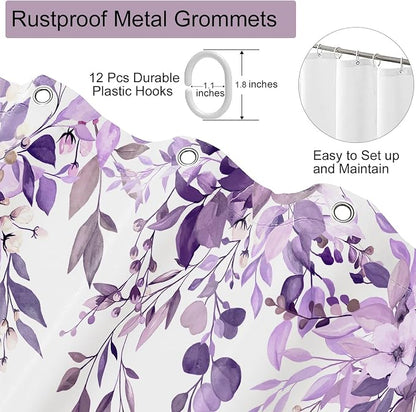 Purple Floral Eucalyptus Shower Curtain with Hooks, 72x84 Inch | Waterproof Fabric, Watercolor Leaves and Floral, Botanical Style, Machine Washable, Quick-Drying, for Hotel Bathroom