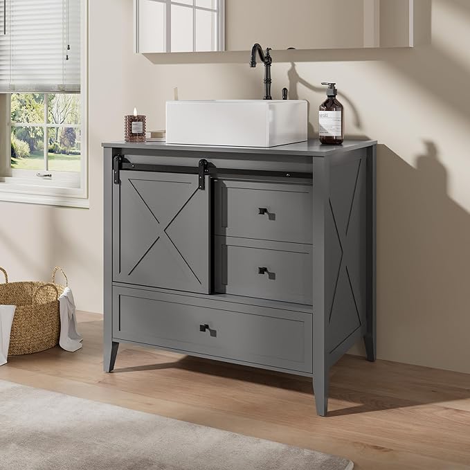 VNN Bathroom Vanity with Sink - 36 Inch Bathroom Vanity with Sink Ceramic, Freestanding Cabinet with Farmhouse Sliding Barn Door and 3 Drawers, Space-Saving Storage Cabinet, Grey