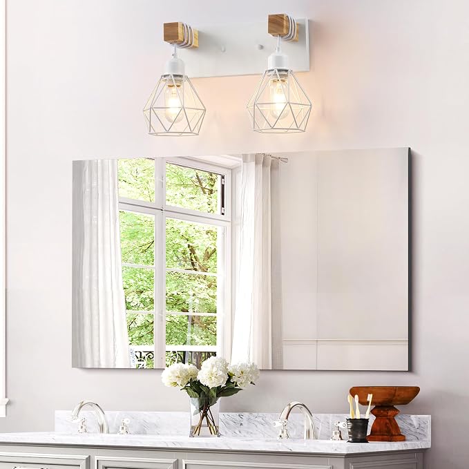maesta 2 Light Bathroom Vanity Light, Farmhouse White Fixture Over Mirror | Farmhouse Bathroom Light Fixtures, Wood & Metal, Anti-Rust Easy to Install for Rustic Bathroom Hallway