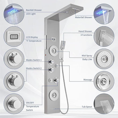 BWE 6 in 1 Shower Panel Tower System with LED Lights & Temp Display | Stainless Steel shower system with Rainfall, Waterfall, 2-Type Massage Jets, Handheld and Tub Spout, Brushed Nickel