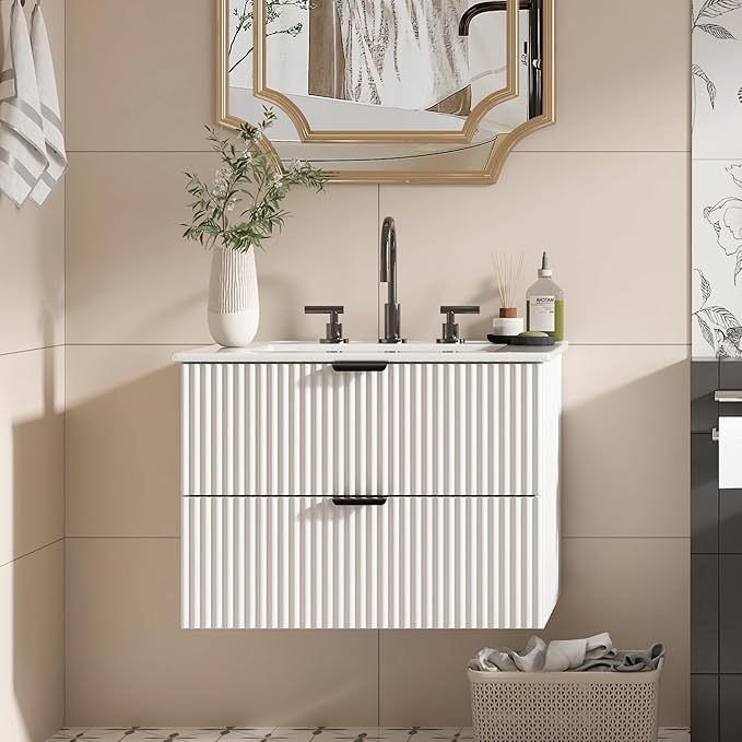 24 inch Bathroom Vanity with Sink, Floating Bathroom Vanity, Wall Mounted Modern Vanity with Ceramic Sink & Soft-Close Drawers, Floating Storage Cabinet with Sink for Small Space, White
