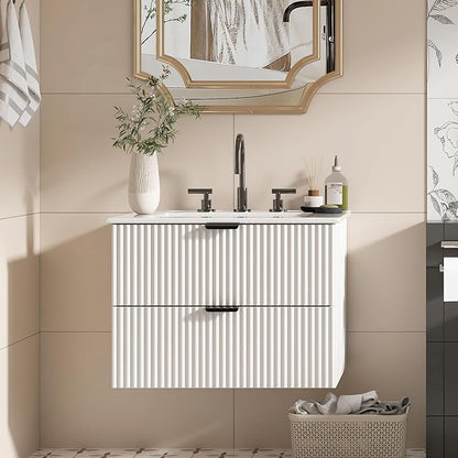 24 inch Bathroom Vanity with Sink, Floating Bathroom Vanity, Wall Mounted Modern Vanity with Ceramic Sink & Soft-Close Drawers, Floating Storage Cabinet with Sink for Small Space, White