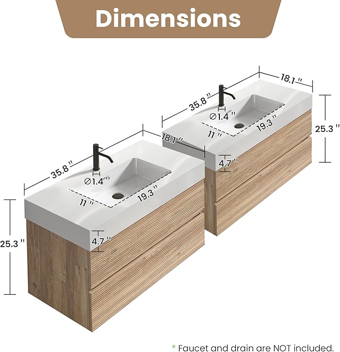 72" Floating Bathroom Vanity with Sink Combo, Modern Floating Double Sink Bathroom Vanity with Engineered Stone Tops & 4 Soft-Closing Drawers, Large Storage for Powder Room, Apartment, Rough Oak
