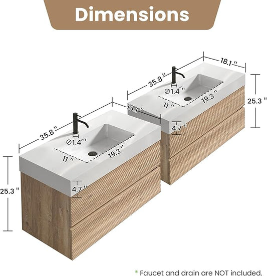 72" Floating Bathroom Vanity with Sink Combo, Modern Floating Double Sink Bathroom Vanity with Engineered Stone Tops & 4 Soft-Closing Drawers, Large Storage for Powder Room, Apartment, Rough Oak