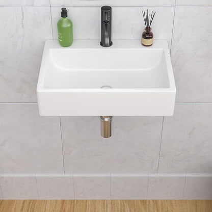 Wall Mount Bathroom Sink 20"x14" Floating Vessel Sink | Rectangle Bathroom Sink Vessel Sink For Bathroom Ceramic White Wall Mount Sink for Rvs, Restroom, Toilet