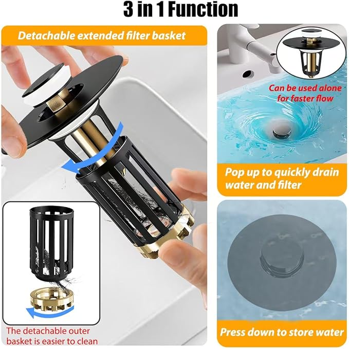 Anlige 3 in 1 Pop Up Bathroom Sink Stopper, Bathroom Sink Drain Strainer, with Removable Basket Hair Catcher, Universal Sink Plug Cover for 1.06 in to 1.6 in Drain, Matte Black