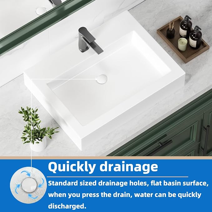 KINGWONG 24" x 18.3" Rectangular Ceramic Vessel Sink, White Bathroom Sink Above Counter, No Overflow Single Hole Basin for Vanity Top, High Temp Fired Porcelain, Stain Resistant Glossy Easy to Clean