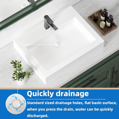 KINGWONG 24" x 18.3" Rectangular Ceramic Vessel Sink, White Bathroom Sink Above Counter, No Overflow Single Hole Basin for Vanity Top, High Temp Fired Porcelain, Stain Resistant Glossy Easy to Clean