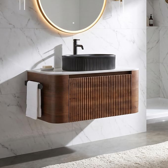 36" Preassembled Floating Bathroom Vanity with Black Sink, Walnut | Mid-Century Modern Style, Fluted & Soft-Close Drawer with U-shaped Wall, Sinterted Stone Countertop, Towel Rack Included