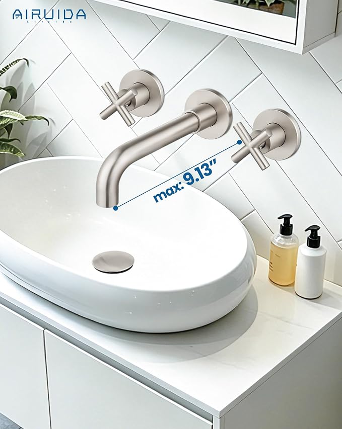 Airuida Solid Brass Brushed Nickel Wall Mount Bathroom Faucet | 360° Swivel Spout,Rough in Valve,2 Cross Handle,3 Hole,Widespread