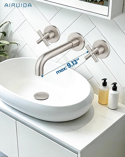Airuida Solid Brass Brushed Nickel Wall Mount Bathroom Faucet | 360° Swivel Spout,Rough in Valve,2 Cross Handle,3 Hole,Widespread