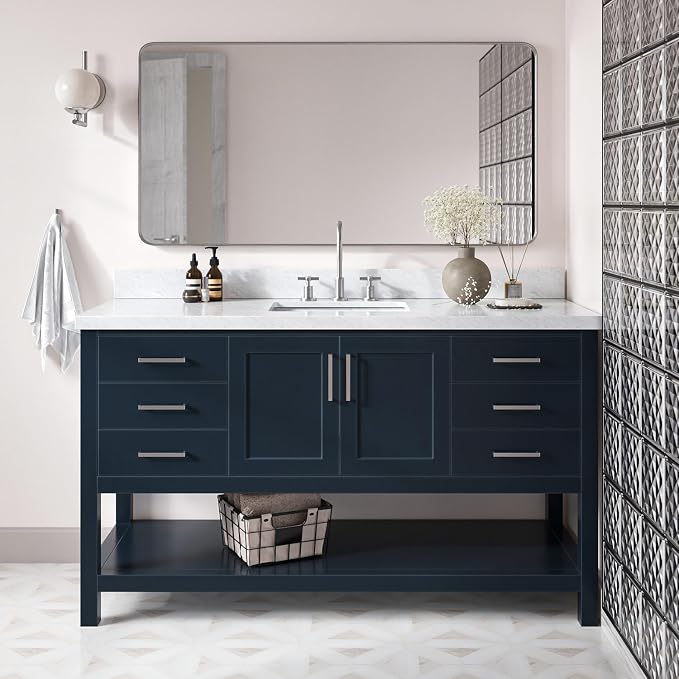 Olivia 60-Inch Midnight Blue Bathroom Vanity with Rectangular Sink, 1.5" Italian Carrara Marble Countertop & Backsplash, 2 Soft-Closing Doors, 6 Dovetail Drawers, Brushed Nickel