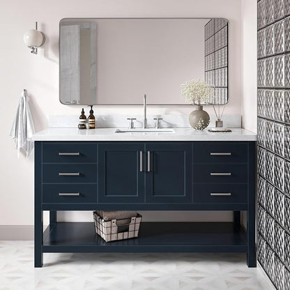 Olivia 60-Inch Midnight Blue Bathroom Vanity with Rectangular Sink, 1.5" Italian Carrara Marble Countertop & Backsplash, 2 Soft-Closing Doors, 6 Dovetail Drawers, Brushed Nickel