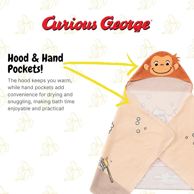 Curious George Monkey Kids Super Soft Bath/Pool/Beach Soft Cotton Terry Hooded Towel Wrap, 24 in x 50 in (100% Officially Licensed Product) By Franco