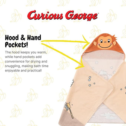 Curious George Monkey Kids Super Soft Bath/Pool/Beach Soft Cotton Terry Hooded Towel Wrap, 24 in x 50 in (100% Officially Licensed Product) By Franco