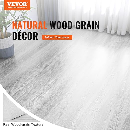 VEVOR Self Adhesive Vinyl Floor Tiles 36 x 6 inch, 36 Tiles 2.5mm Thick Peel and Stick Floor Tile Light Gray Wood Grain DIY Flooring for Kitchen, Dining Room, Bedrooms & Bathrooms(54 Sq.Ft)