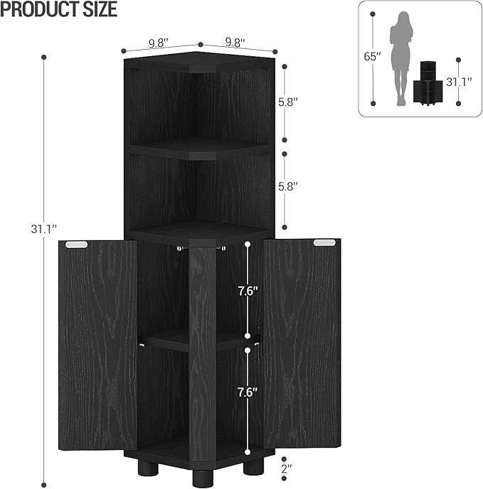 Corner Cabinet, Small Bathroom Corner Cabinet with Doors, Narrow Storage Cabinets with Adjustable Shelves, Bathroom Organizers and Storage for Small Space, Black BC21004X