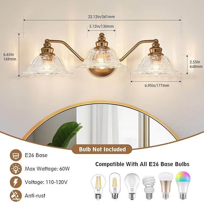 Redluck Vintage Bathroom Vanity Light Fixture, 3-Light Bathroom Lighting Fixtures Over Mirror, Antique Brass Finish with Crystal Glass Shade, Wall Sconces Lighting for Bedroom, Living Room, Hallway