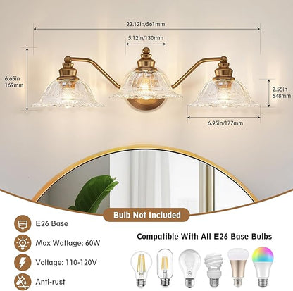Redluck Vintage Bathroom Vanity Light Fixture, 3-Light Bathroom Lighting Fixtures Over Mirror, Antique Brass Finish with Crystal Glass Shade, Wall Sconces Lighting for Bedroom, Living Room, Hallway