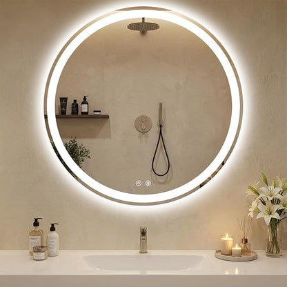 DUMOS 36 Inch Round LED Bathroom Mirror with Lights, Circle Vanity Mirror | Anti-Fog, Dimmable, 3-Color Light, Front Light and Backlit, Memory Function, Tempered Glass