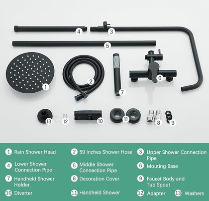 Shower System Matte Black Outdoor Shower Fixtures with 8" Rain Shower Head Handheld Sprayer Single Handle 304 Stainless Steel Wall Mounted Shower Shower Faucet Combo for Bathroom or Backyard