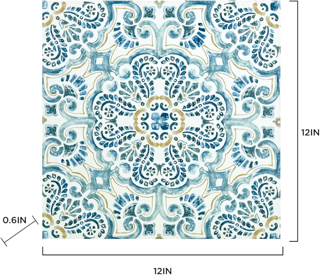 FloorPops FP2477 Fontaine Peel & Stick Floor Tiles, Blue (Pack of 6)