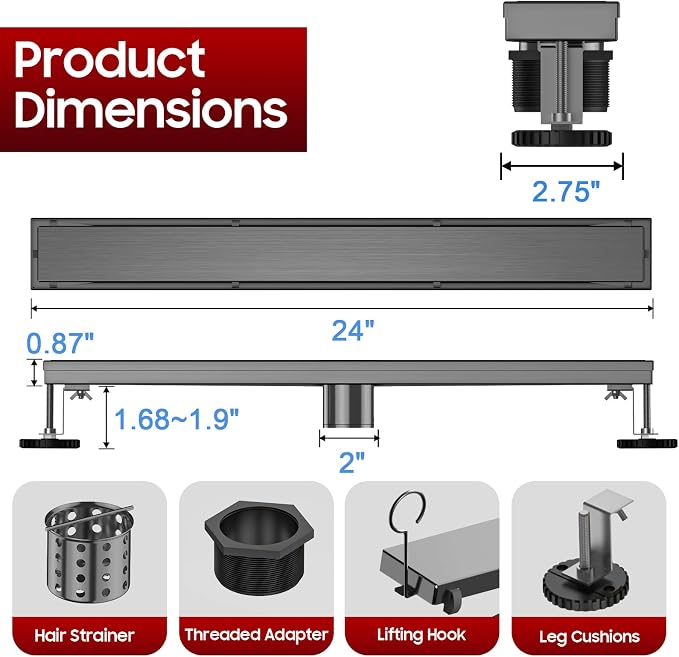 DLONE® Linear Shower Drain - 24 Inch Gun Gray, with Tile Insert Panel | AISI 304 Stainless Steel Linear Drain, Rectangle Shower Floor Drain, with Adjustable Feet, Fits Bathroom & Balcony etc