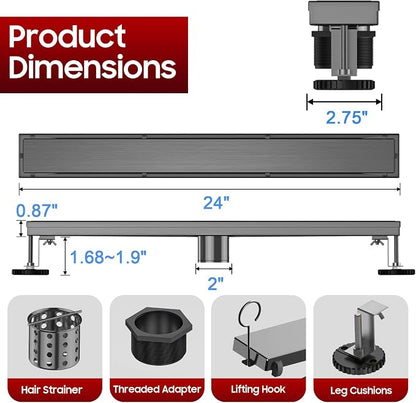 DLONE® Linear Shower Drain - 24 Inch Gun Gray, with Tile Insert Panel | AISI 304 Stainless Steel Linear Drain, Rectangle Shower Floor Drain, with Adjustable Feet, Fits Bathroom & Balcony etc