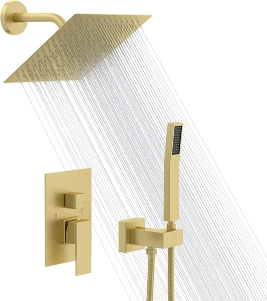Lordear Rain Shower System Wall Mounted Shower Faucet Set with 8 Inch Stainless Steel Shower Head Handle Set and Solid Brass Valve, Brushed Gold Finish