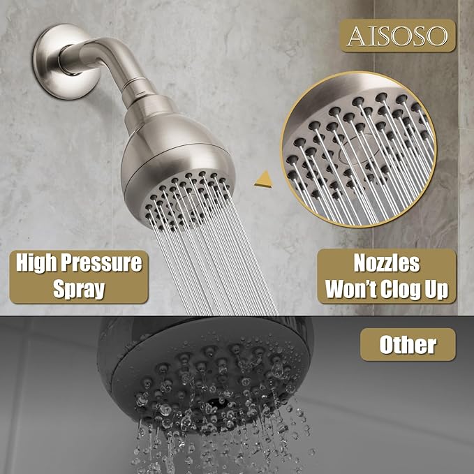 AISOSO High Pressure Shower Heads, Showerheads 3 Inches with 360 Rotation and Silicone Nozzles for Strong Spray Relaxing and Comfortable Shower, Brushed Nickel
