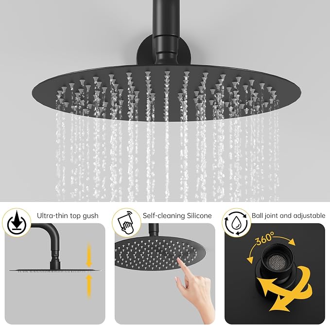 BESy Shower System with 10 Inch Round Rain Shower Head and Handheld Wall Mounted, High Pressure Rainfall Heads Shower Faucet Fixture Combo Set with 2 in 1 Spray Showerhead for Bathroom, Black