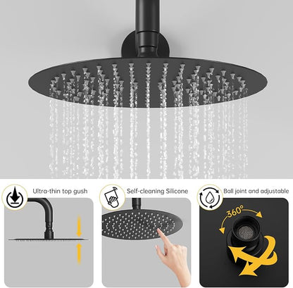 BESy Shower System with 10 Inch Round Rain Shower Head and Handheld Wall Mounted, High Pressure Rainfall Heads Shower Faucet Fixture Combo Set with 2 in 1 Spray Showerhead for Bathroom, Black