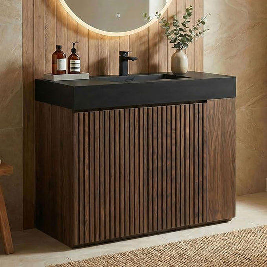 36" Bathroom Vanity with Sink Combo, Mid Century Modern Bathroom Cabinet with Doors & Open Shelf, Matte Black Integrated Sink with Overflow, Brown Walnut