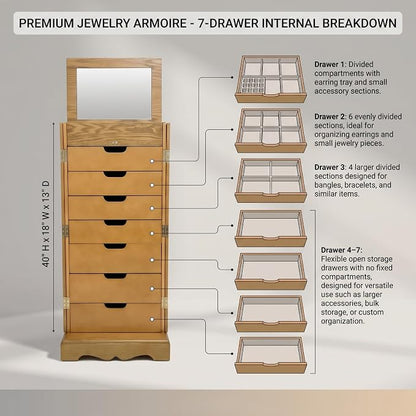 Hives & Honey Chelsea Standing Jewelry Armoire Cabinet, Jewelry Storage Organizer with Top Flip Mirror, 2 Doors, 7 Drawers, Jewelry Chest Armoire, Jewelry Box for Necklace, Earring, Bracelet, Walnut
