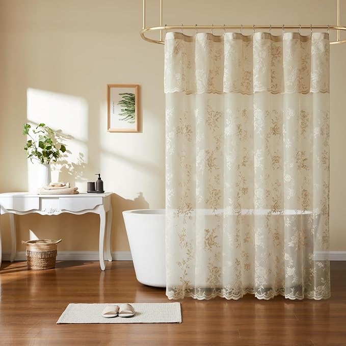 Beige Lace Shower Curtain with Attached Valance Decorative Vintage Floral Shower Curtain for Bathroom Spa Boho Cottagecore Decor Scalloped Edge Shabby Chic Bath Curtains Spa-like Hotel, 72 x 72 Inch